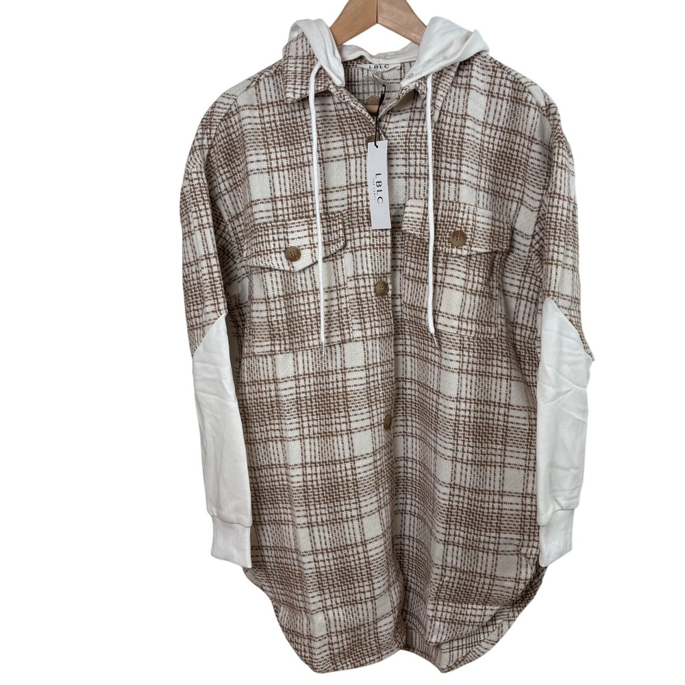 NWT LBLC (Revolve) Plaid Shacket Hoodie M Tan Y2K Streetwear Grunge Baggy Cozy